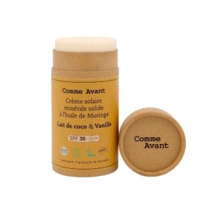 Crème solaire SPF30 minérale solide à l'huile de moringa lait coco et vanille